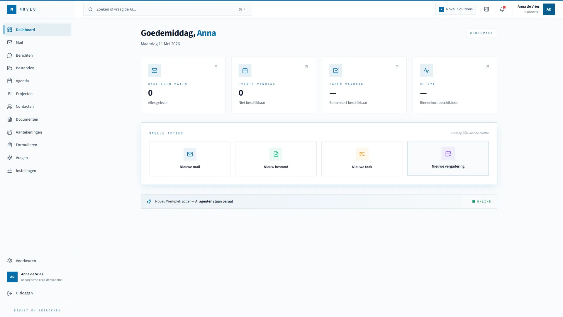 Voorbeeldweergave Noveu Werkplek dashboard met demo-content.