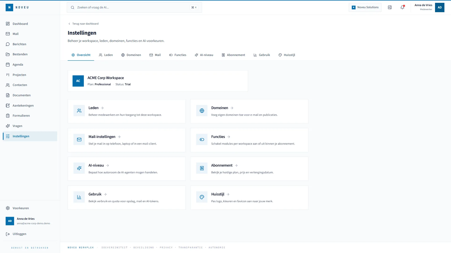 Voorbeeldweergave Noveu Werkplek Instellingen met demo-content.