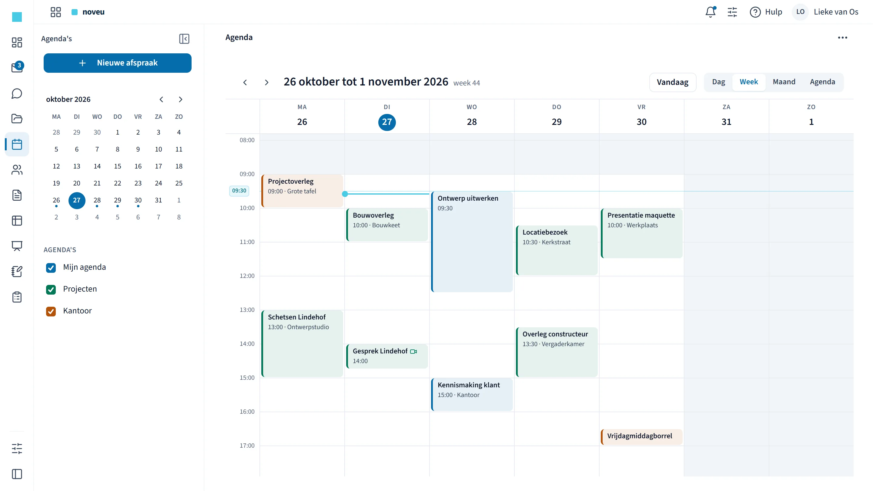 Noveu Werkplek, agenda: voorbeeldweergave met fictieve gegevens