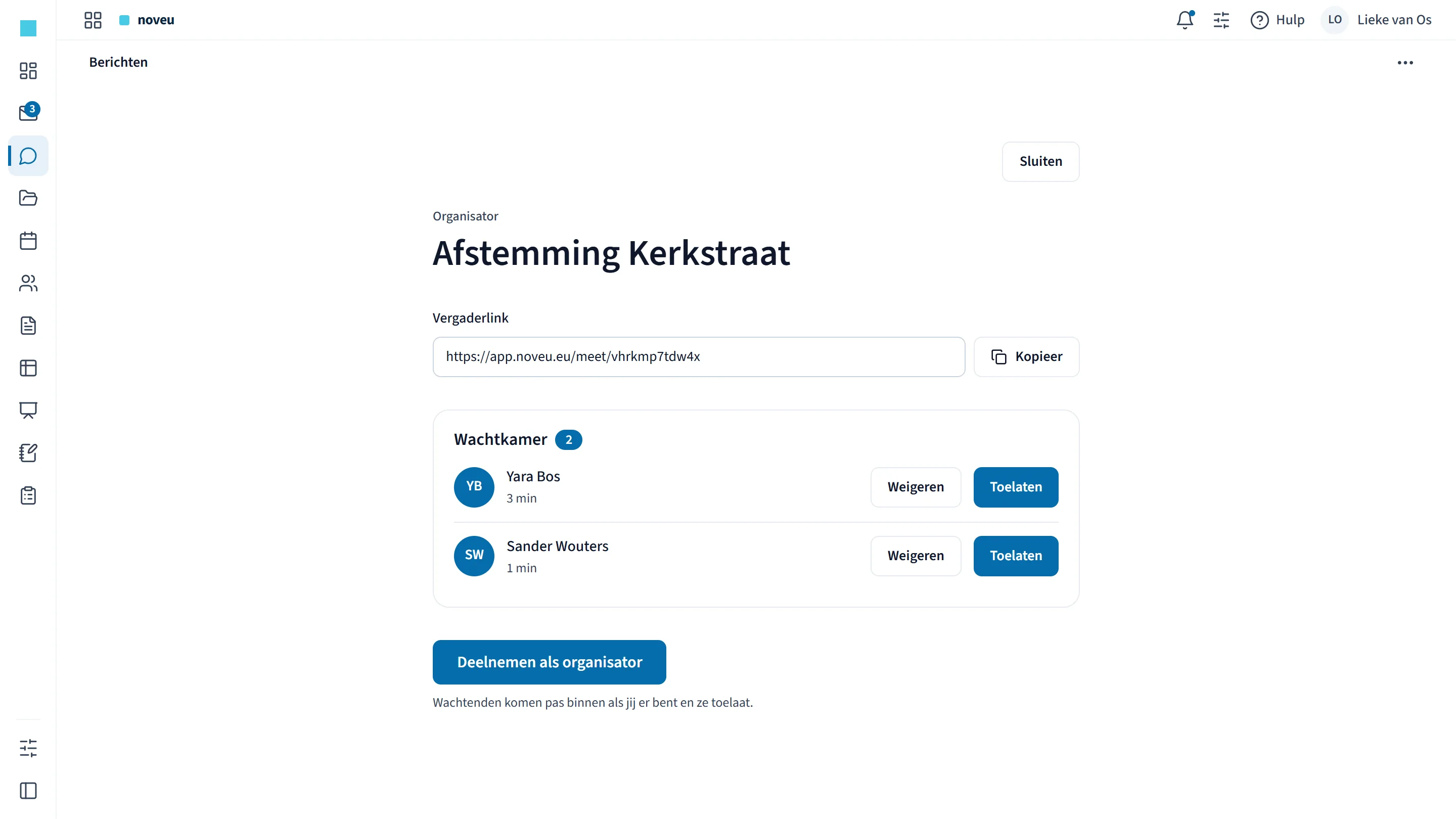 Noveu Werkplek, vergadering met wachtkamer: voorbeeldweergave met fictieve gegevens
